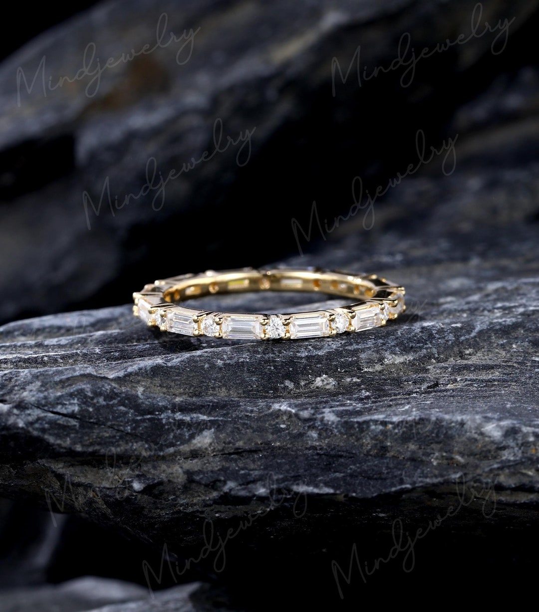 Yellow Gold Wedding Band Women Baguette Moissanite Wedding Band Vintage ...