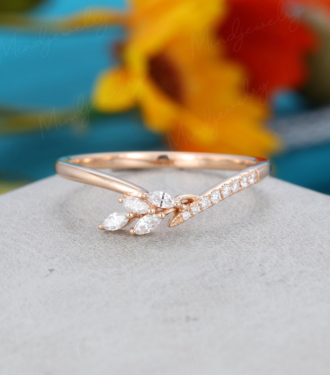 Marquise Cut Moissanite Curved Wedding Band Women Art Deco 14k Rose ...