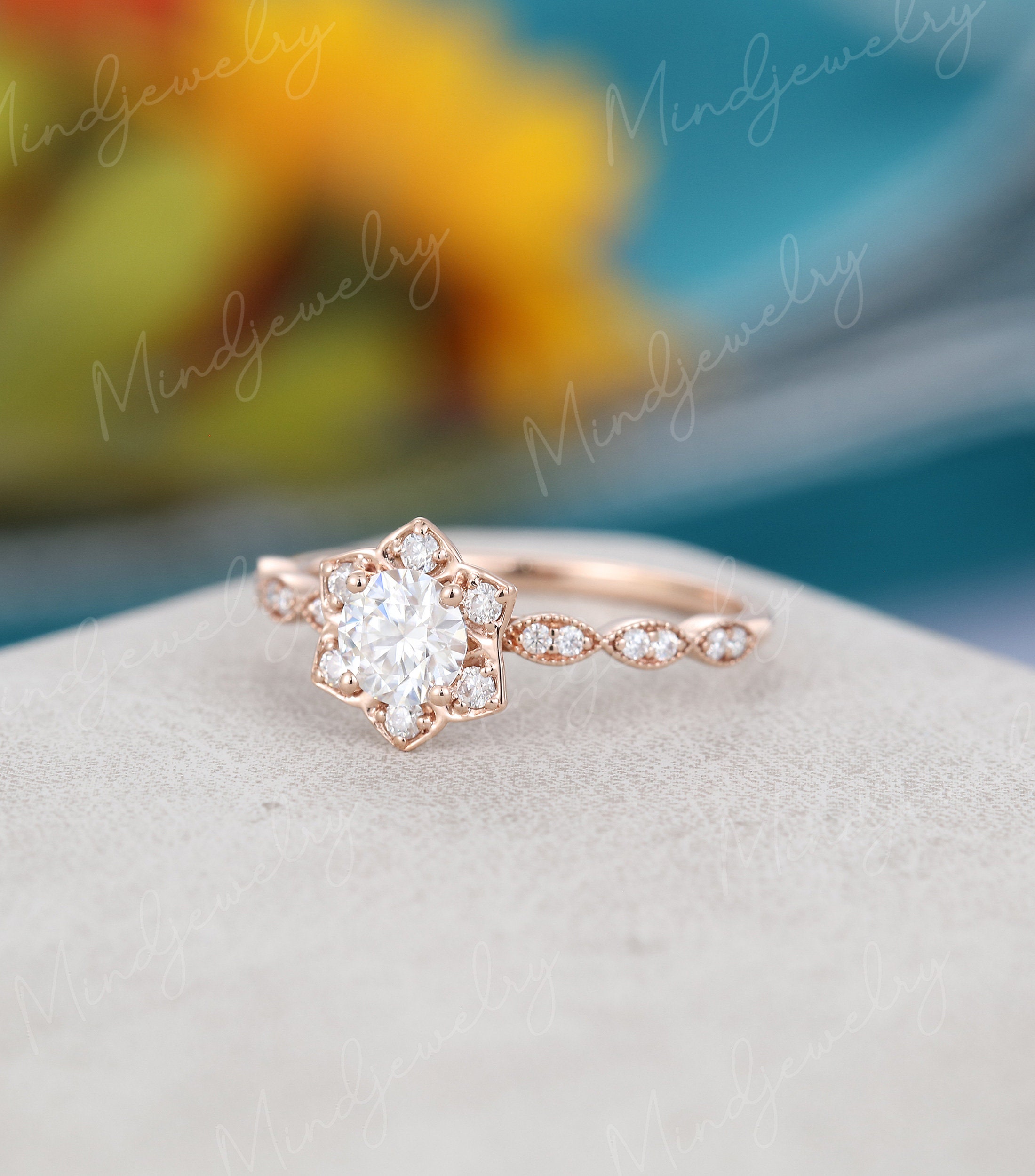 Moissanite Engagement Ring Rose Gold Unique Flower Engagement | Etsy