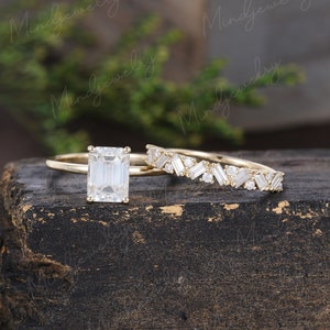 Emerald cut moissanite engagement ring set Unique 14K yellow gold solitaire ring vintage baguette cut moissanite Bridal set Anniversary gift