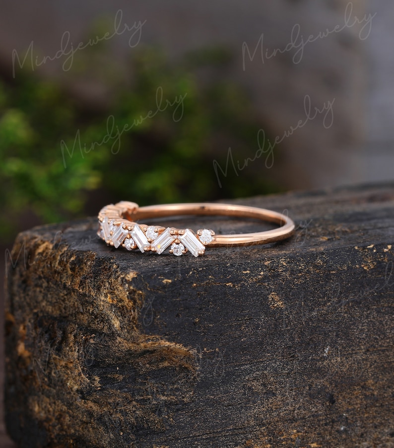 Unique Half Eternity Baguette cut Moissanite wedding band vintage Rose gold wedding band women Matching band Bridal Promise gift for her image 3