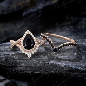 Pear shaped Black onyx engagement ring set Unique Art deco Rose gold engagement ring vintage Curved black diamond wedding Anniversary gift