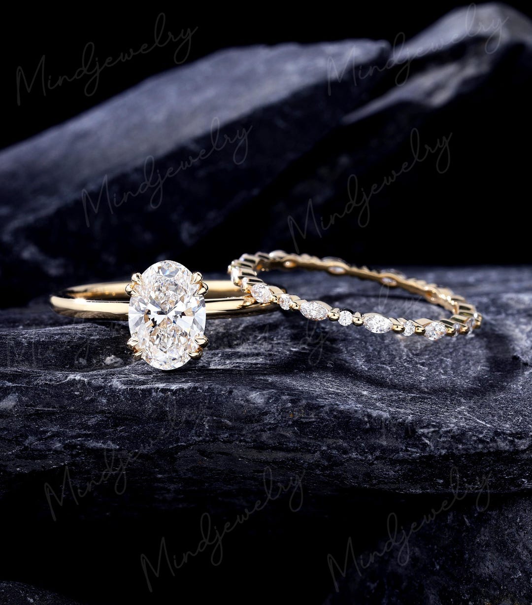 Oval Cut Moissanite Engagement Ring Set Solid 14K Yellow Gold Solitaire ...