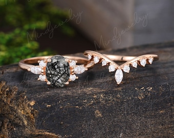 Oval Black Rutilated Quartz engagement ring set Unique Cluster Rose gold engagement ring Curved diamond ring Bridal promise Anniversary gift