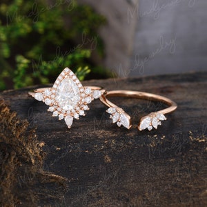 Pear shaped engagement ring set Unique Rose gold Halo Moissanite engagement ring Vintage Open marquise wedding bridal Promise gift for her