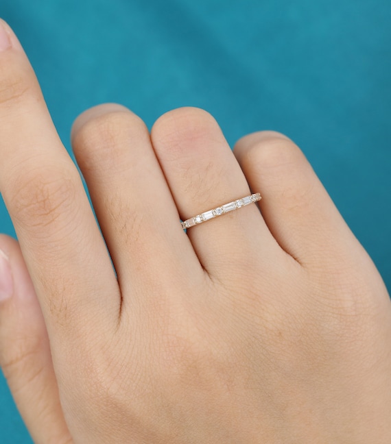 Baguette cut moissanite wedding band women Half eternity vintage wedding band white gold Unique Bridal Matching Stacking ring Promise gift