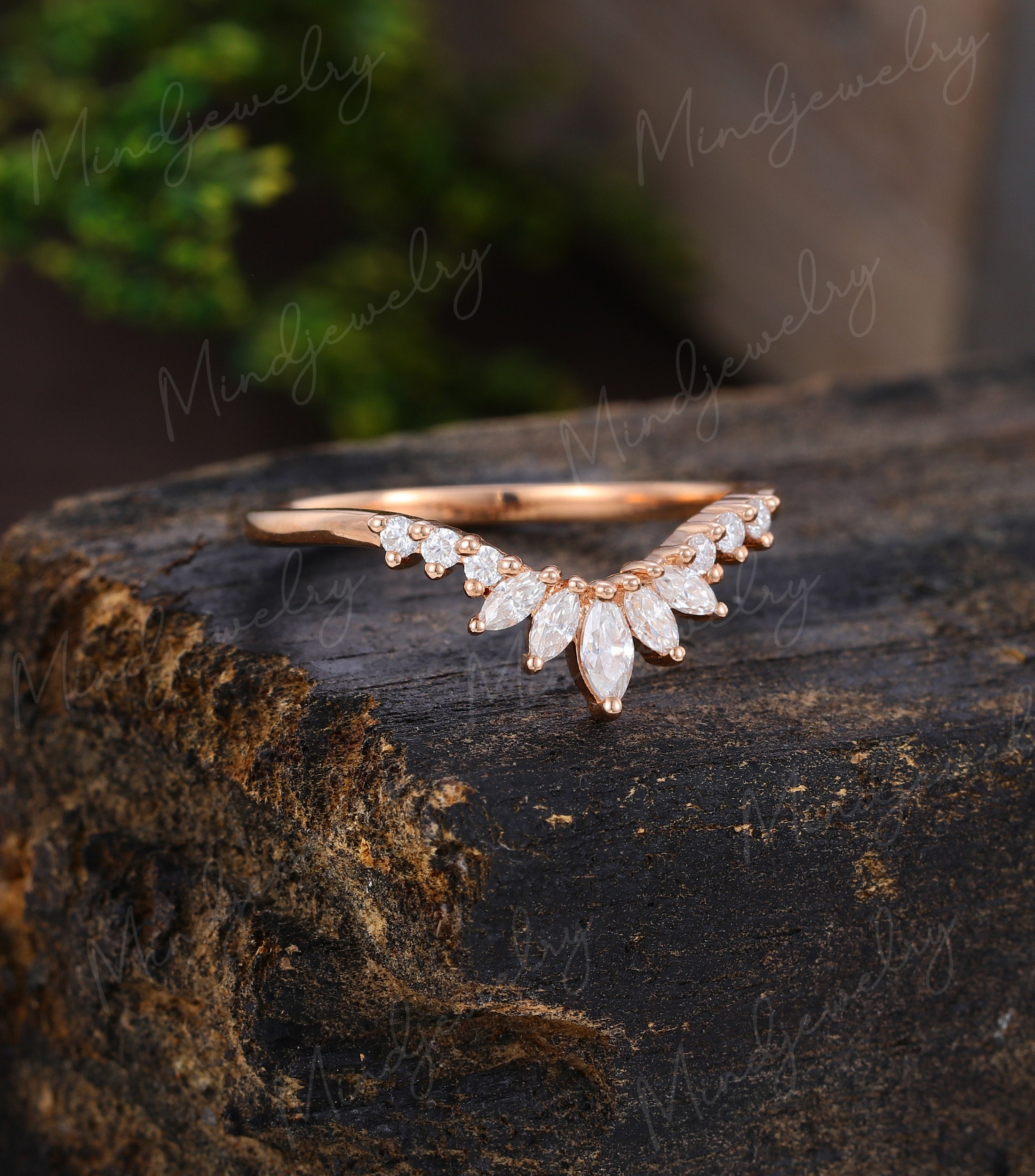 Marquise Cut Moissanite Curved Wedding Band Women Solid 10k Rose Gold ...