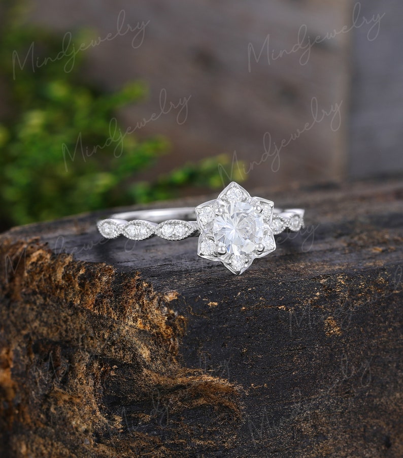 White sapphire engagement ring white gold Flower engagement ring vintage Unique Half eternity diamond wedding women Bridal Anniversary gift image 2