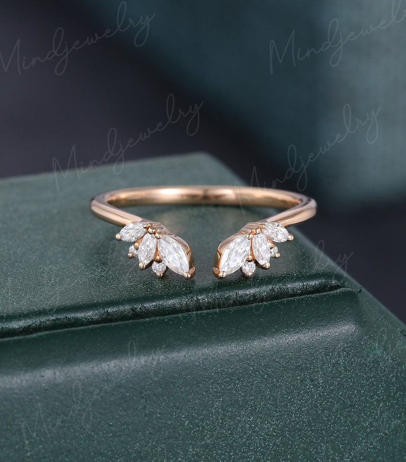 Rose gold Open ring vintage Unique Marquise cut Moissanite diamond Curved wedding band women Solid Gold Matching Bridal promise gift 