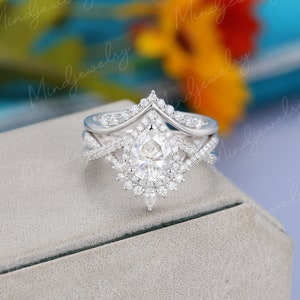 Pear Shaped Moissanite Engagement Ring Set White Gold Art Deco - Etsy