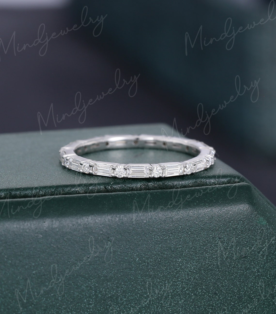 Unique White gold wedding band women Full eternity Baguette image 1