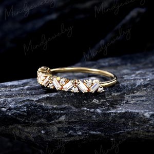 Baguette Cut Moissanite Wedding Band Vintage Solid 14k Yellow Gold Pave ...