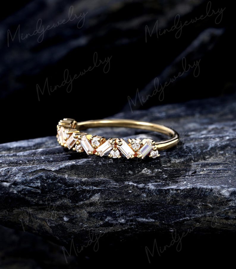 Baguette Cut Moissanite Wedding Band Vintage Solid 14k Yellow Gold Pave ...