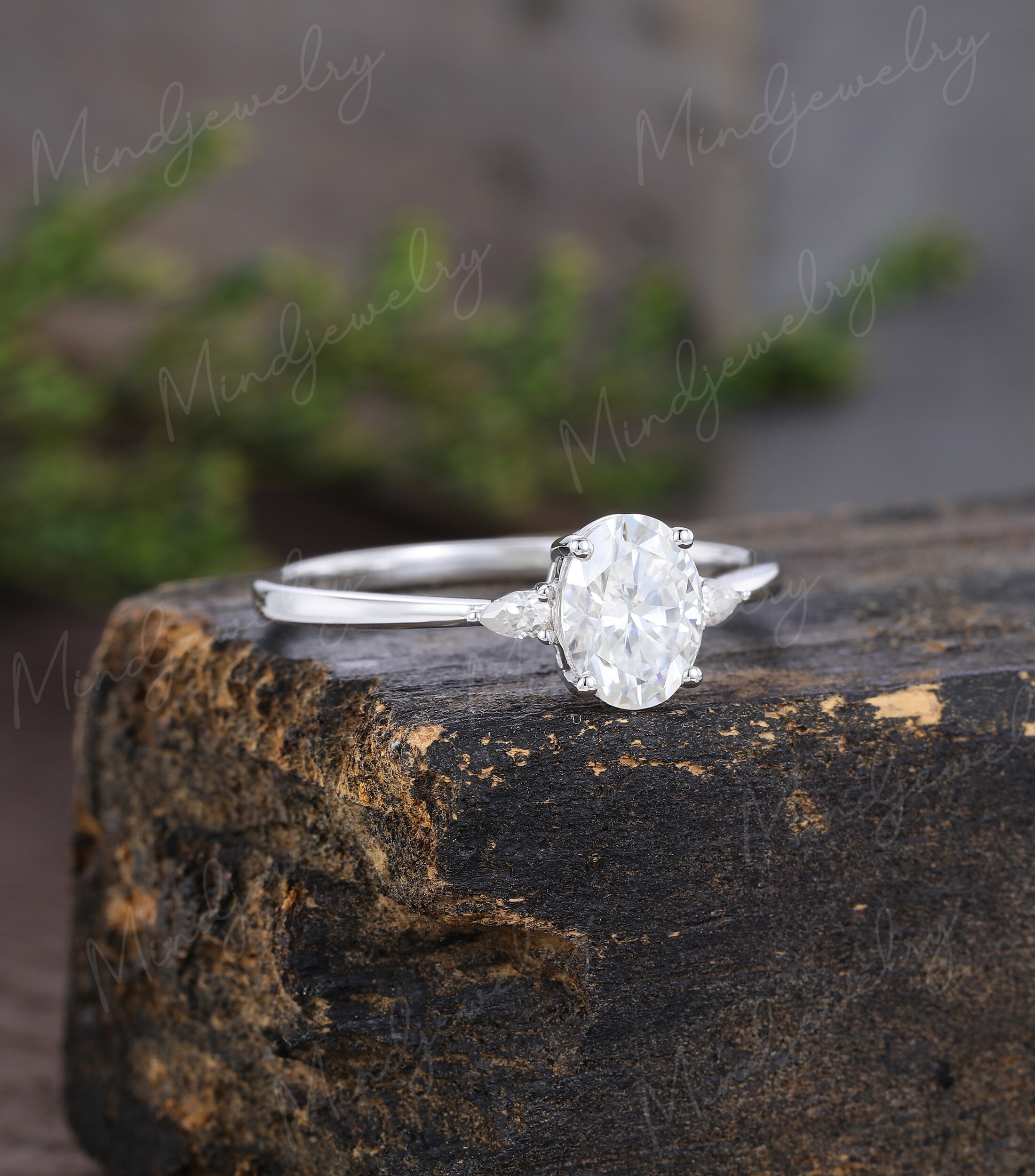 Oval Cut Moissanite Engagement Ring White Gold Unique Three Stone ...