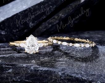 Pear Cut Lab gewachsen Diamant Verlobungsring Set 10K / 14K Gelbgold Braut Versprechen Ring Voll Eternity Stapeln Ehering 1ct IGI zertifiziert