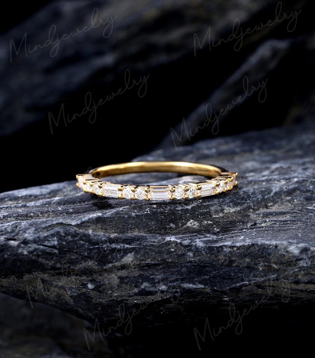 Baguette Cut Moissanite Straight Wedding Band Dainty 14k/18k Yellow ...
