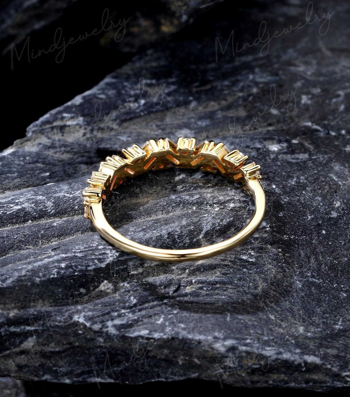 Baguette Cut Moissanite Wedding Band Vintage Solid 14k Yellow Gold Pave ...