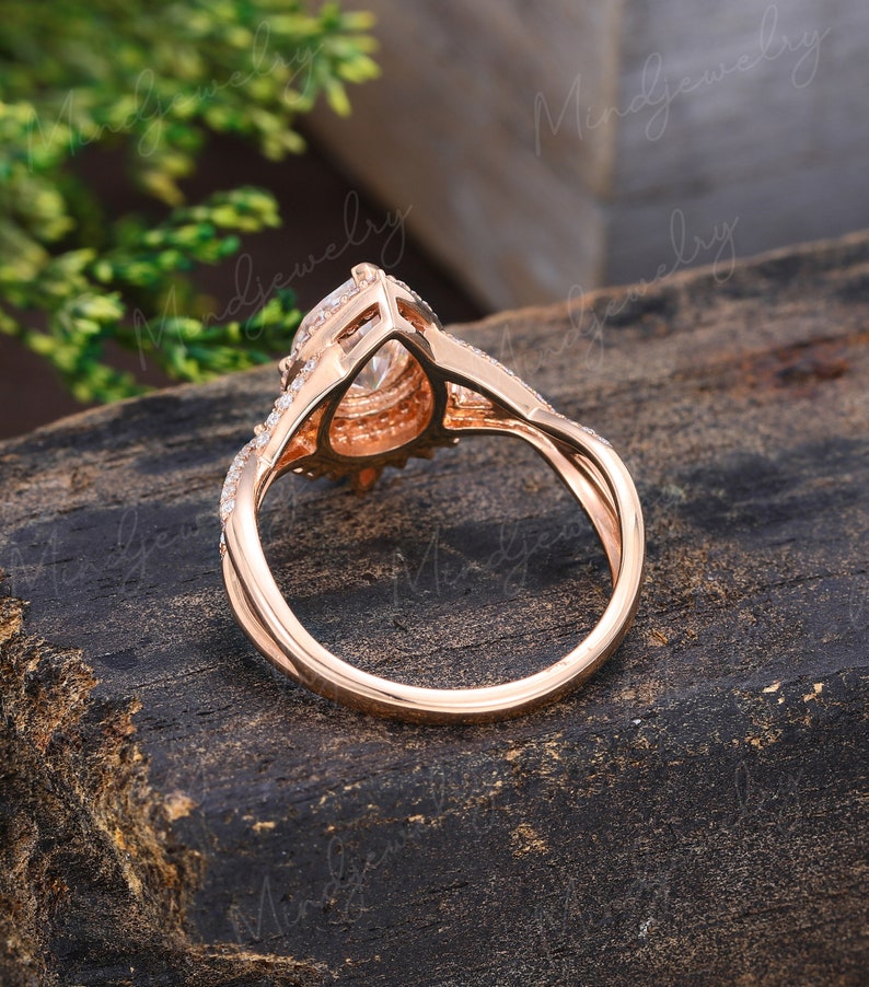 Unique Moissanite engagement ring Pear shaped Rose gold Halo Vintage engagement ring Twisted diamond wedding Bridal Promise gift for women image 4