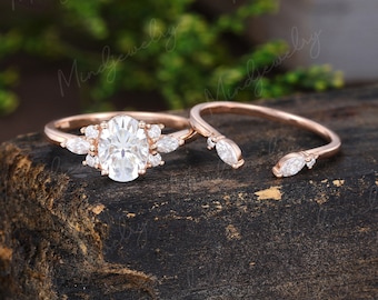 Vintage Oval cut Moissanite engagement ring set Rose gold Unique Cluster engagement ring Marquise diamond open wedding Bridal gift for women