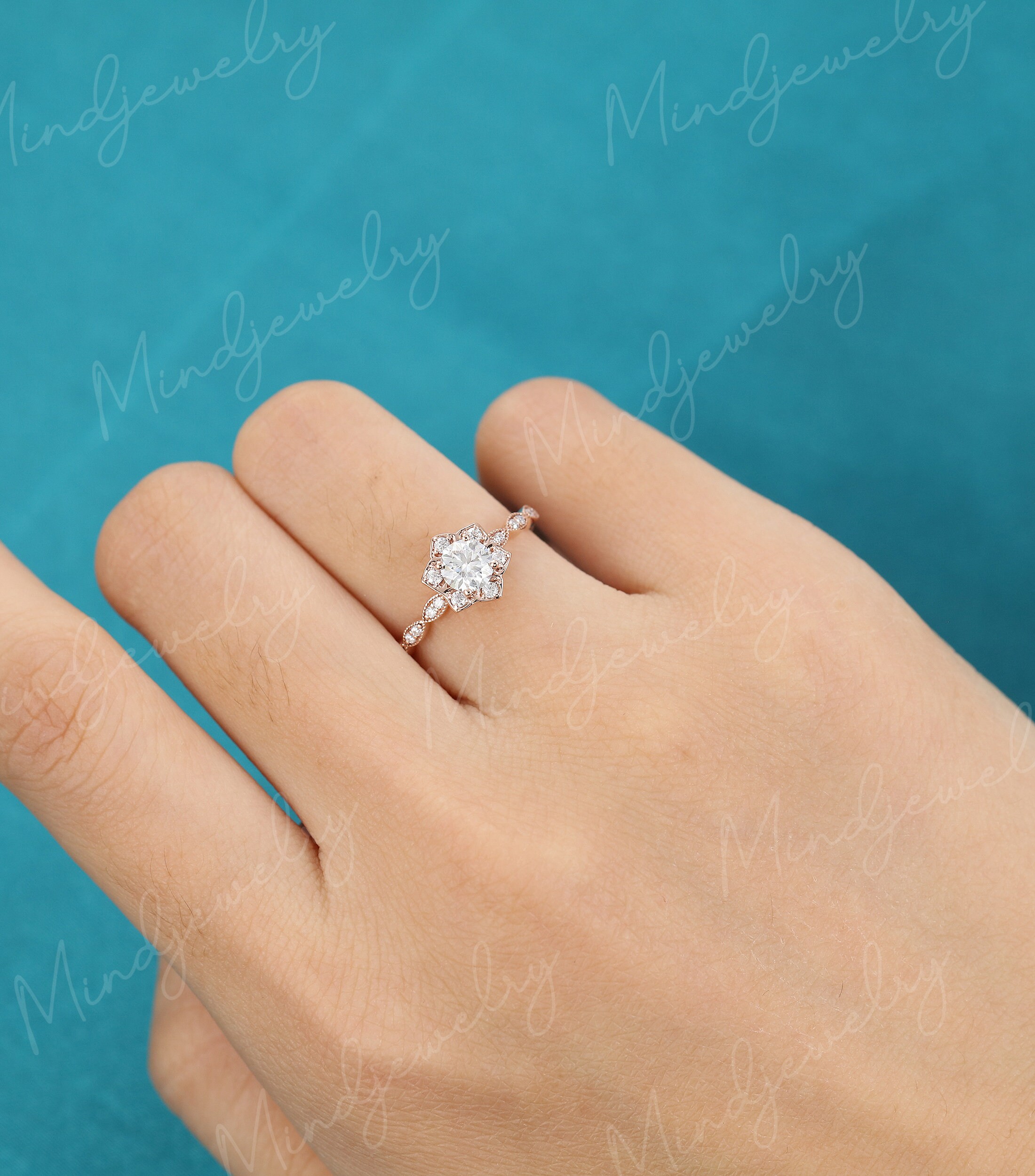 Moissanite Engagement Ring Rose Gold Unique Flower Engagement Etsy