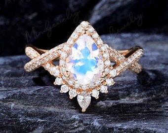 Pear moonstone engagement ring for women Vintage solid 14K/18K rose gold weave moissanite halo bridal promise ring Anniversary gift for wife