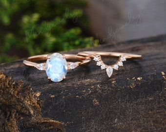 2Pcs Oval cut Moonstone engagement ring set Rose gold Diamond Cluster Unique engagement ring Curved wedding Bridal Promise gift for her