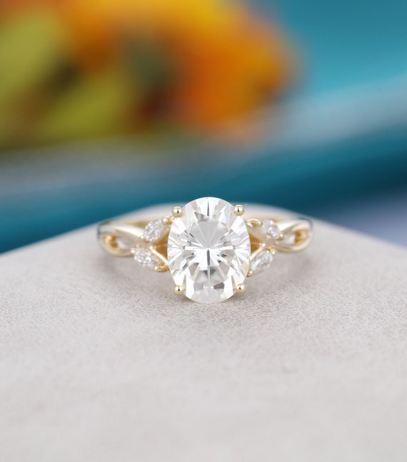 Oval cut Moissanite engagement ring yellow gold Unique Cluster | Etsy