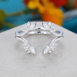 2PCS White gold Open ring vintage Unique Marquise cut Moissanite diamond Curved wedding band women pave diamond Matching Bridal promise gift