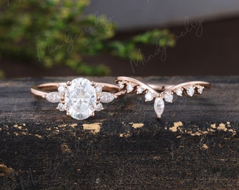 Oval white sapphire engagement ring set Unique Cluster Rose gold engagement ring Curved diamond Bridal promise Anniversary gift for her