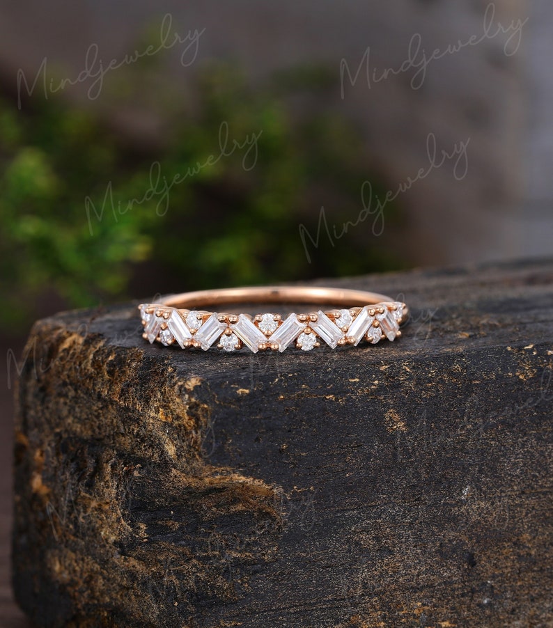 Unique Half Eternity Baguette cut Moissanite wedding band vintage Rose gold wedding band women Matching band Bridal Promise gift for her image 1