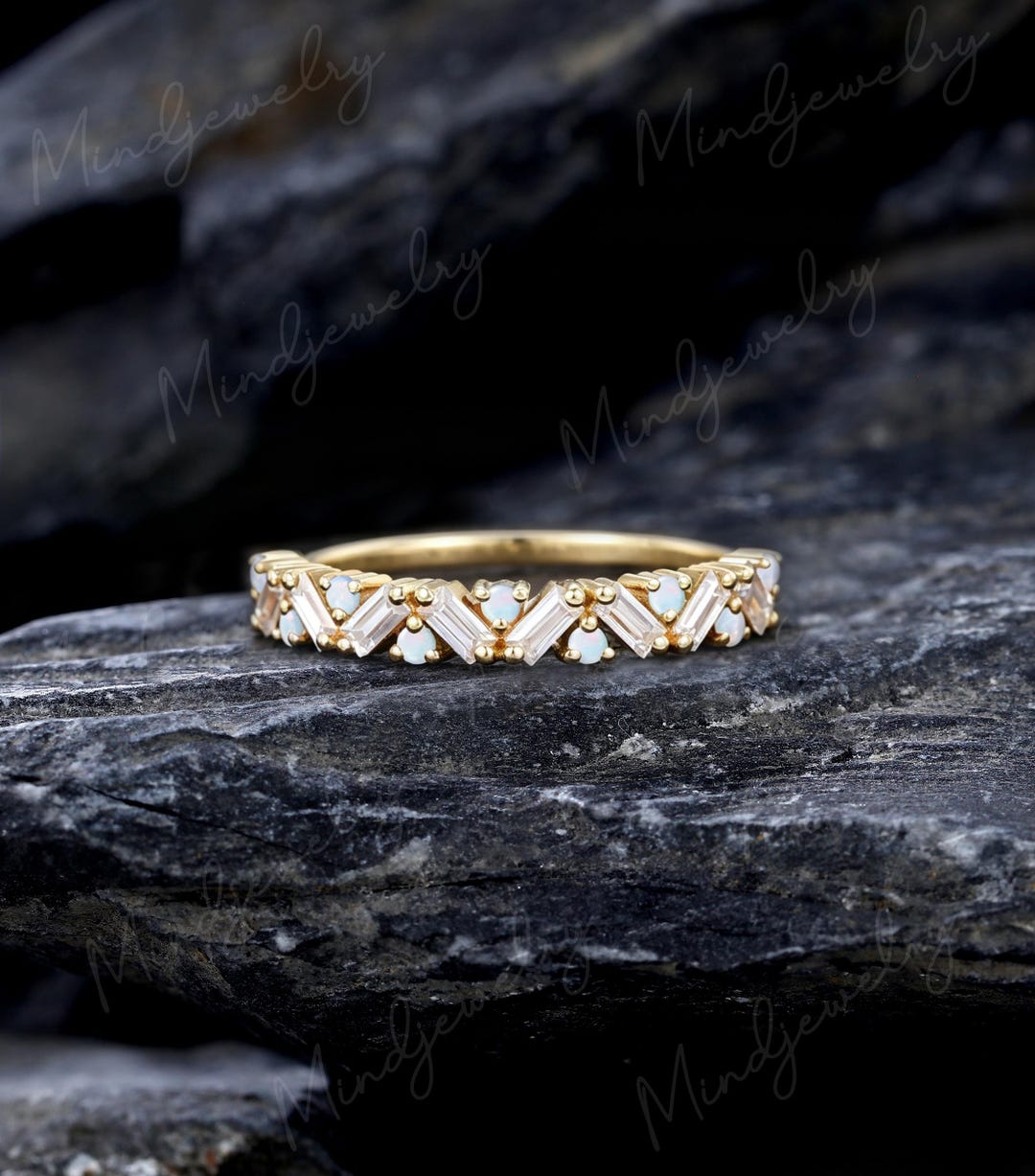 Baguette Cut Moissanite Wedding Band Vintage 14k Yellow Gold Cluster ...
