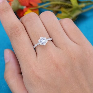 White sapphire engagement ring white gold Flower engagement ring vintage Unique Half eternity diamond wedding women Bridal Anniversary gift image 5