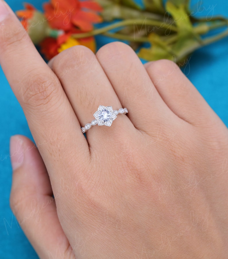 White sapphire engagement ring white gold Flower engagement ring vintage Unique Half eternity diamond wedding women Bridal Anniversary gift image 5