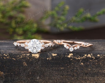 Rundschliff-Moissanit-Verlobungsring-Set, einzigartiger Cluster-Verlobungsring im Vintage-Stil, Roségold, Brautset, gebogenes Hochzeitsversprechen, Jahrestagsgeschenk