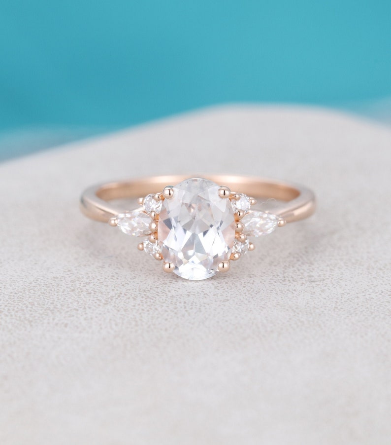 Oval white sapphire engagement ring Rose gold Unique Cluster | Etsy