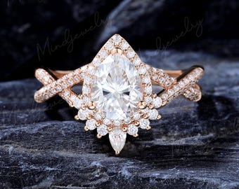 Pear shaped gray moissanite engagement ring Unique 10k/14k rose gold vintage twisted halo propose promise ring for women Wedding bridal ring