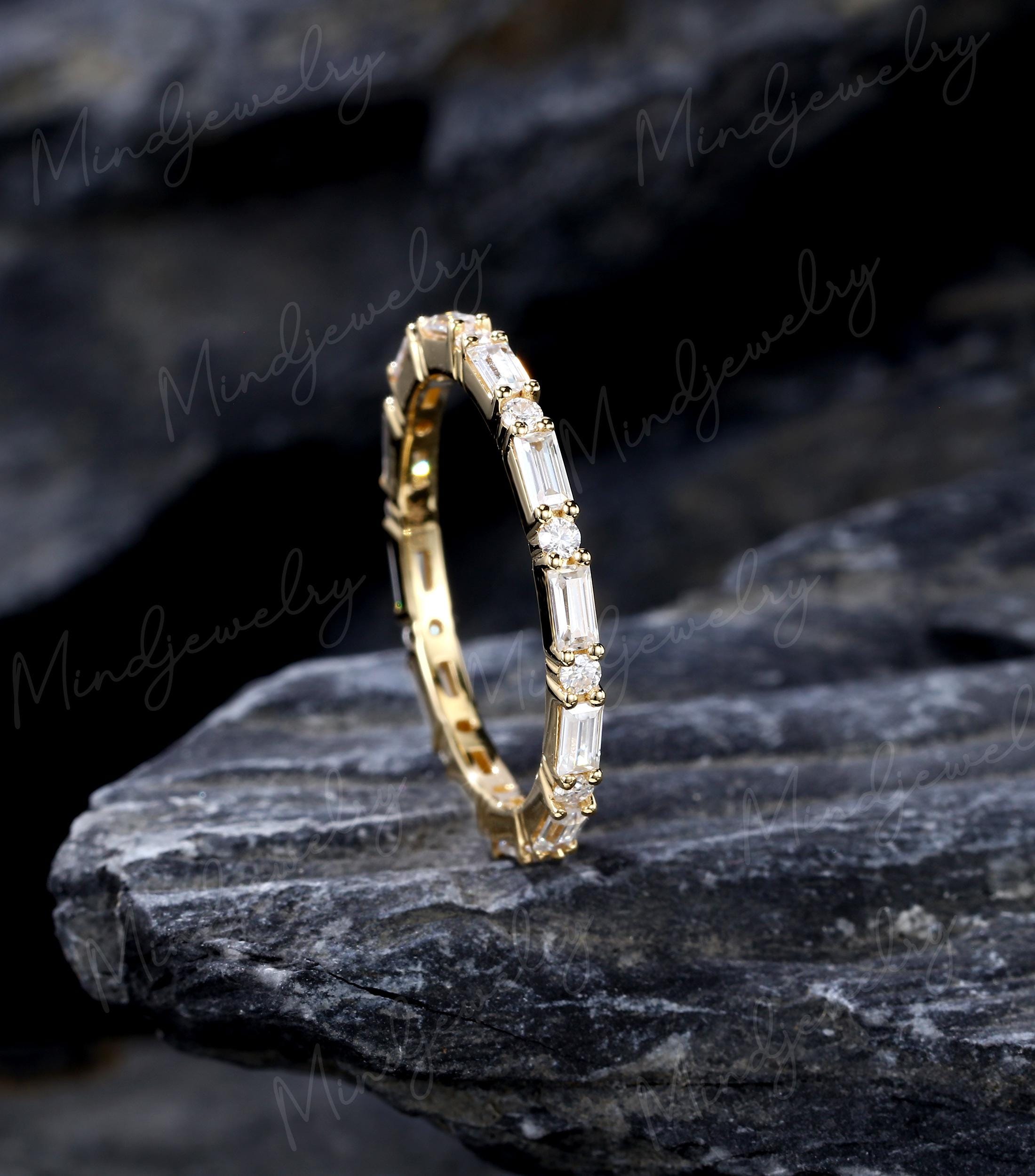 Yellow Gold Wedding Band Women Baguette Moissanite Wedding Band Vintage ...