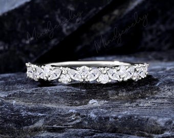 Marquise geslepen moissaniet rechte trouwring vintage 14k witgouden halve eeuwigheid diamanten ring bruids stapelen bijpassende ring belofte geschenken
