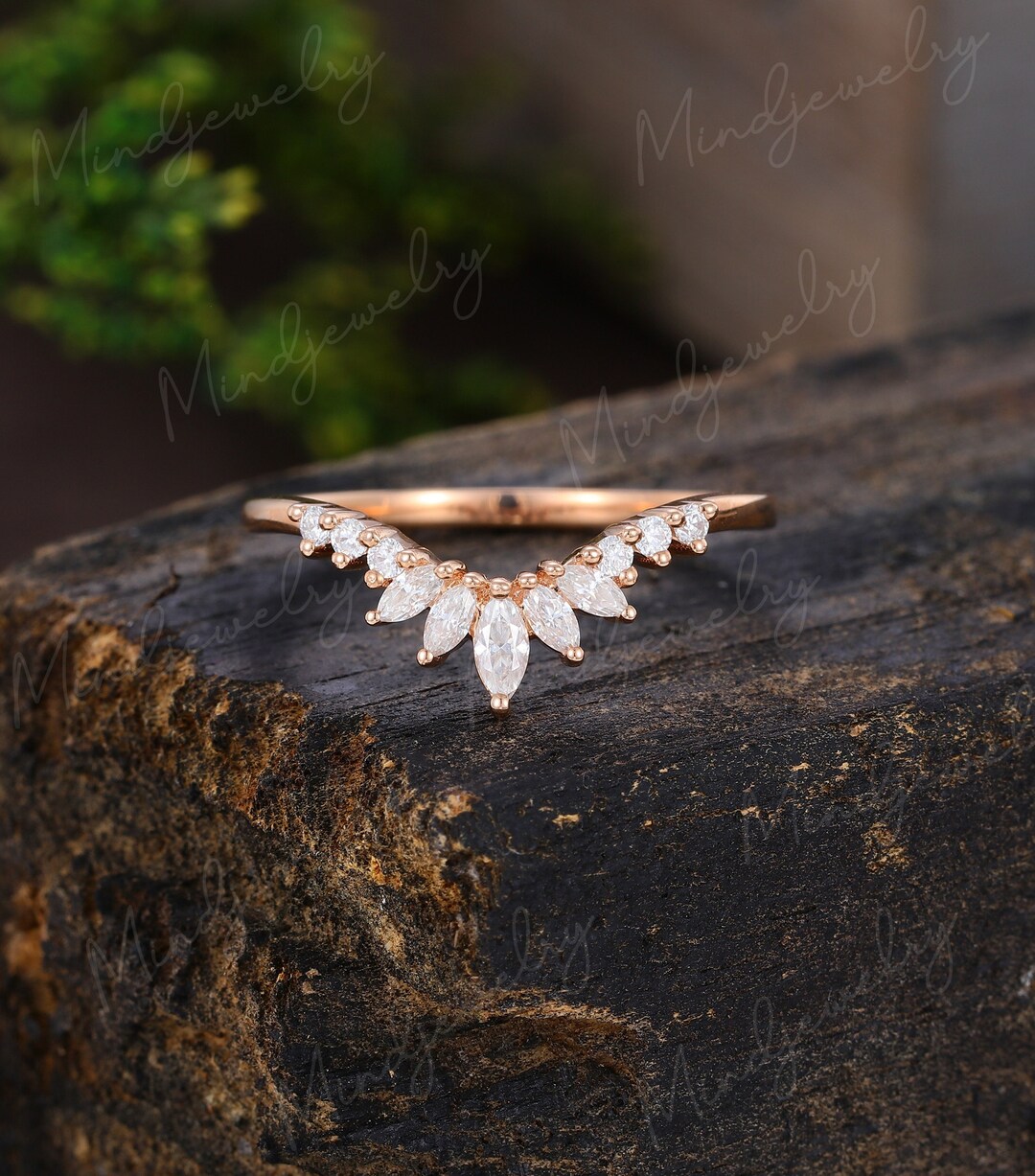 Marquise Cut Moissanite Curved Wedding Band Women Solid 10k Rose Gold ...