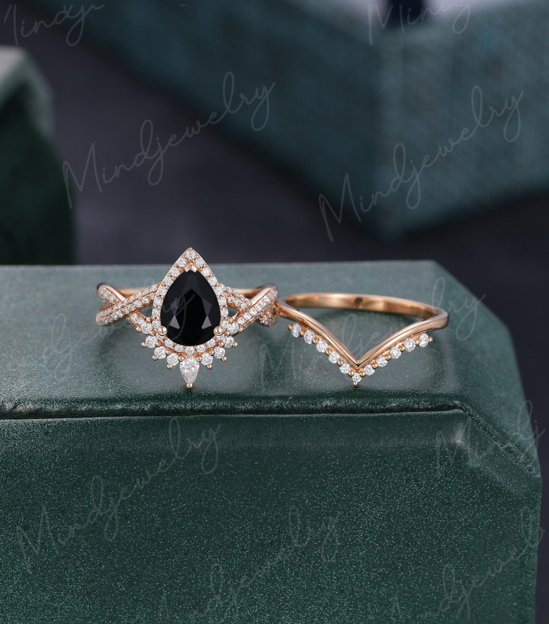 Pear Shaped Black Onyx Engagement Ring Set Rose Gold Unique - Etsy