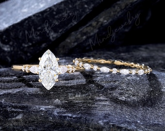 Marquise Cut Lab Grown Diamond Engagement Ring Vintage 10K Yellow Gold Promise Bridal Set Stacking Straight Wedding Band 1CT IGI Certified