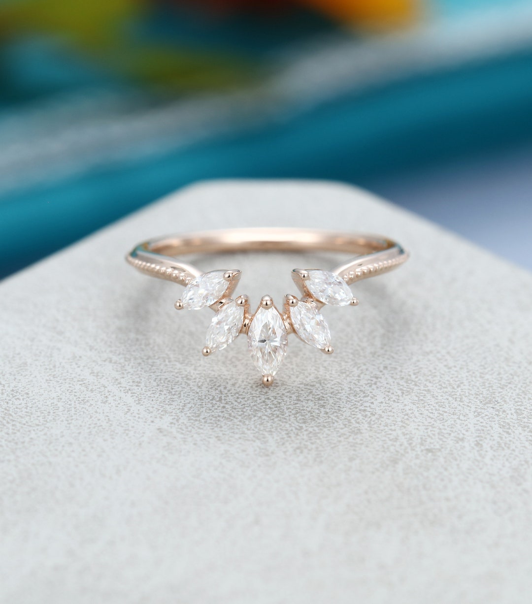 Marquise Cut Moissanite Curved Wedding Band Vintage 10k/14k Rose Gold ...