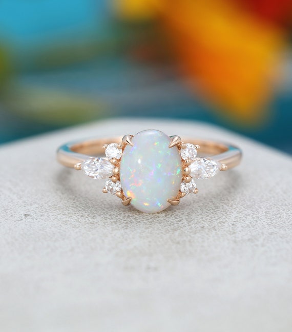 Oval Opal engagement ring Rose gold Unique Cluster engagement | Etsy