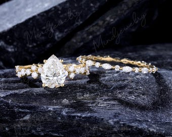 Pear Cut Lab Grown Diamond Engagement Ring Vintage 10K Yellow Gold Art Deco Bridal Set Full Eternity Stacking Wedding Band 1CT IGI Certified