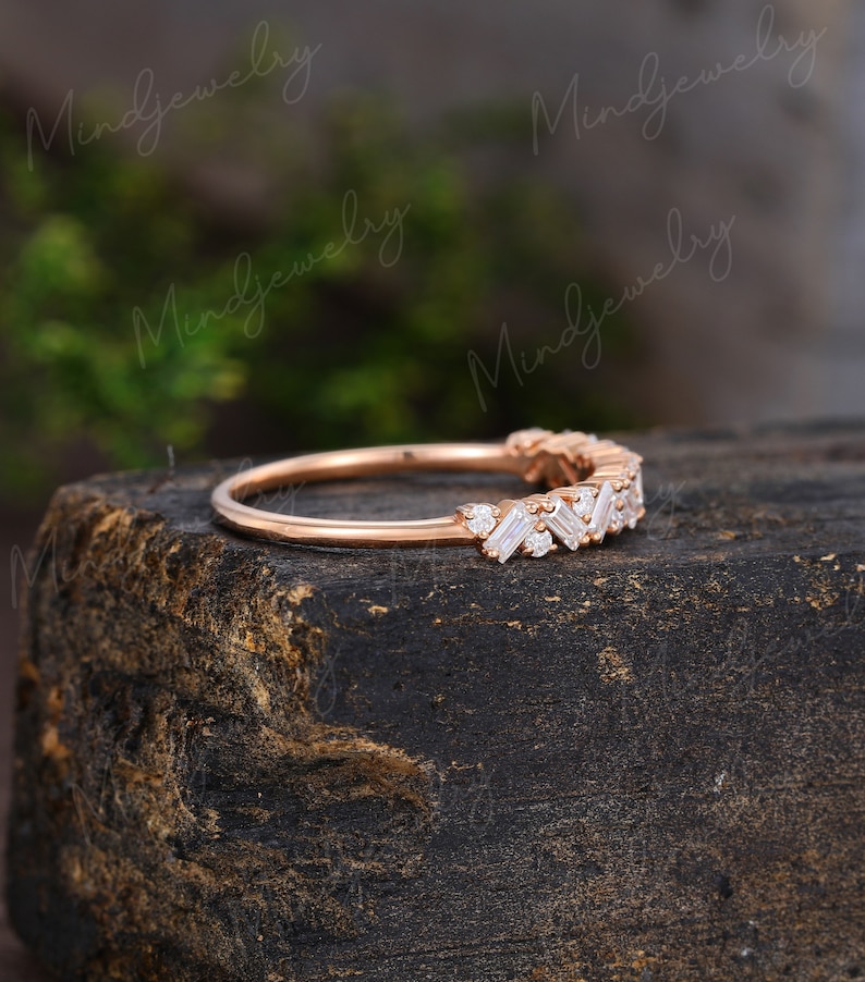 Unique Half Eternity Baguette cut Moissanite wedding band vintage Rose gold wedding band women Matching band Bridal Promise gift for her image 2