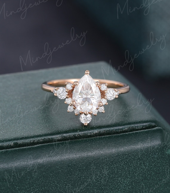 Pear Shaped Moissanite Engagement Ring Unique Cluster Etsy