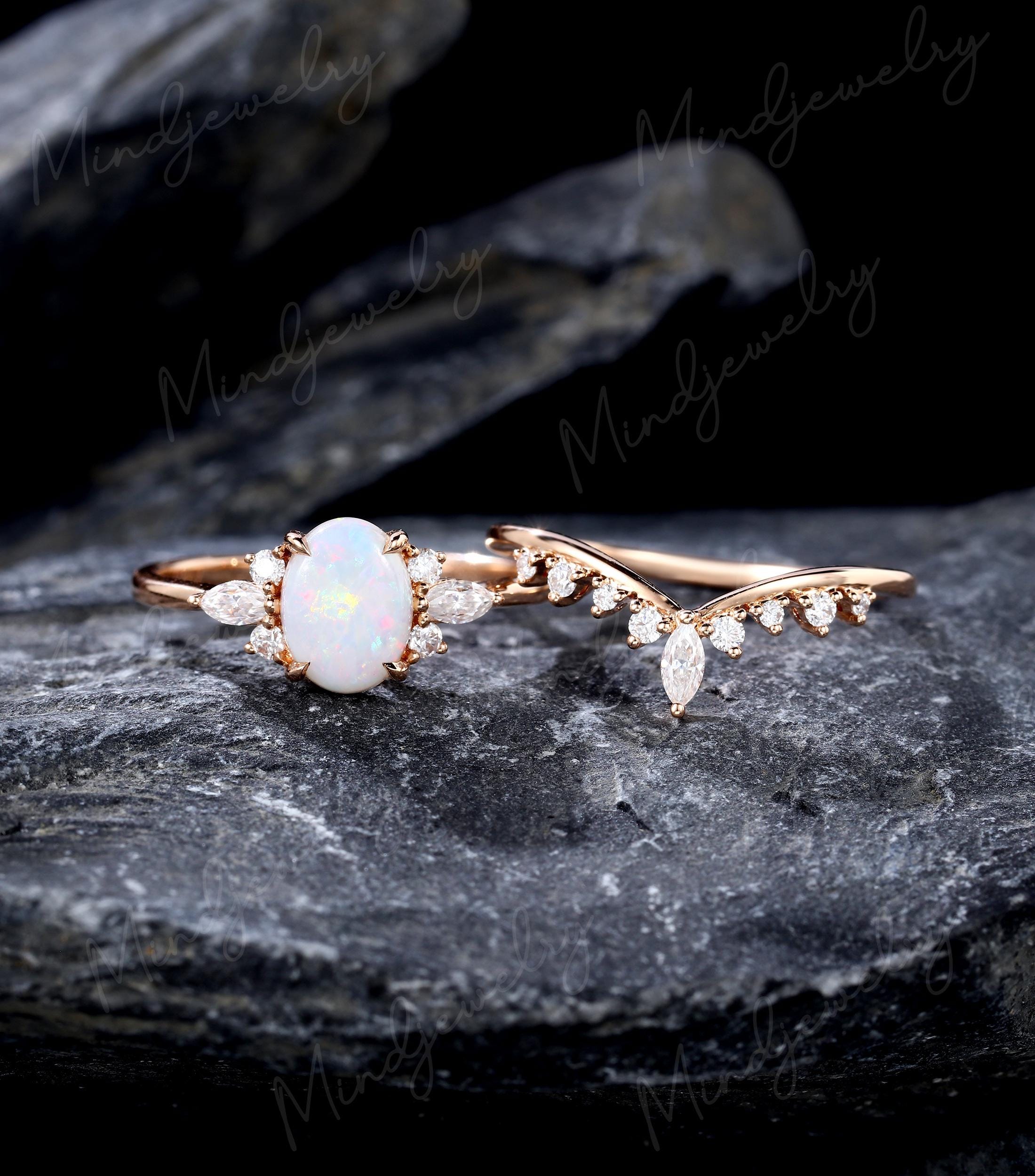 Matching Opsite Rings Oval Cut Opal Engagement Ring Set Unique 10k/14k Rose Gold Cluster ...