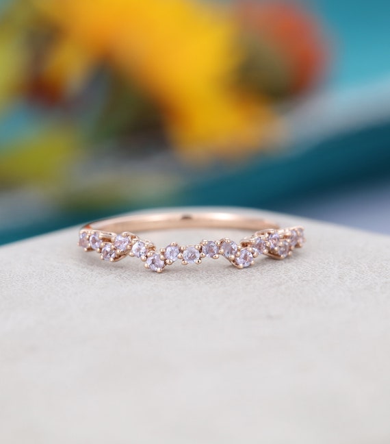 Tanzanite wedding band unique vintage Rose Gold wedding band women Half eternity Bridal dainty Stacking ring Matching Promise gift for her