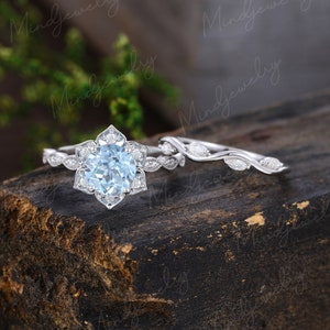 Aquamarine engagement ring set White gold Unique Flower vintage Half eternity Marquise cut diamond wedding women Bridal Anniversary gift