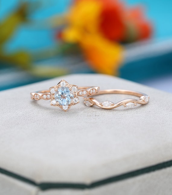 Aquamarine engagement ring set rose gold Unique Flower vintage | Etsy